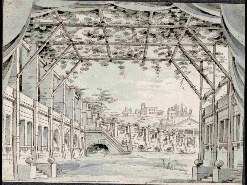 1714-Giovanni Antonio Galliari - Studio per uno sfondo scenografico con pergolato ed edifici sullo sfondo